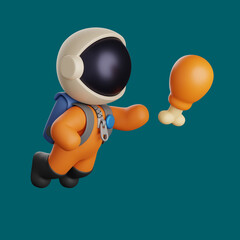 Wall Mural - 3d astronaut taking a flying fried chicken. cute character