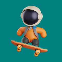 Wall Mural - 3d astronaut character riding a skateboard while jumping in the air. cute mascot illustration