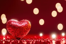 Red Hearts On Bokeh Romantic Background. Hearts Passionate Love Valentine Postcard Romance Backdrop.