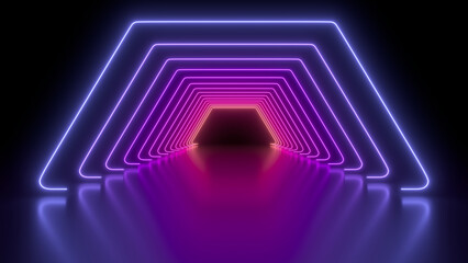 Poster - sci fy neon glowing wave lines in a dark hall. reflections on the floor. empty background in the cen