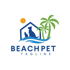 Vector illustration pets dog and cat logo island background beach sun for pet shop