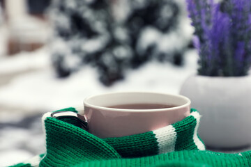 Poster - Winter morning. Cup with hot drink wrapped in green sweater outdoors, closeup. Space for text