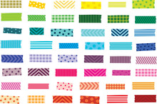 Mini Washi Tape Strips In 48 Colors. Semi-transparent Masking Tape Or Adhesive Strips. EPS File Has Global Colors For Easy Color Changes.