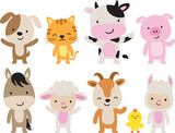 Fototapeta Dinusie - Cute farm animals in standing position vector illustration. The set includes a cow, pig, horse, sheep, goat, llama, chicken, dog, and cat.