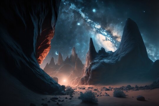illustration de paysage rocheux avec un ciel étoilé avec nébuleuse galactique colorée