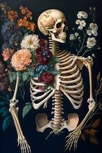 Texture Bones With Flowers Japanese And Chrysanthemum Skeleton Oil Painting Hypermaximum Elegant Vintage Hyper Realistic Super Detailed 