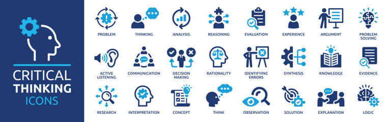 critical thinking icon set. containing think, problem-solving, analysis, reasoning, evaluation, expe