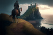 Landscape with Horse Knight facing a Castle Medieval Landscape castle on an island Medieval knight headed home to his castle