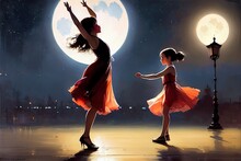 Girls Dancing At Night In The Streets Under Double Moon. .generative Ai.