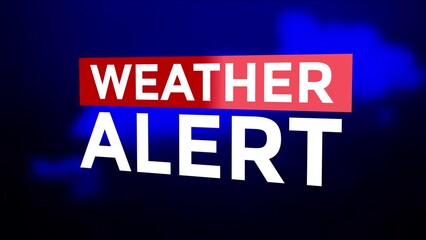Wall Mural - Weather Alert Opening Intro Title Animation. White Text And Red Ribbon On Blue. Severe Dark Thunderstorm with Rain and Lightning in Background. Black Clouds Moving With Storm Wind.