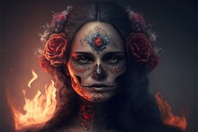 Dia De Los Muertos, Mexican Holiday Of The Dead And Halloween. Woman With Skull Make Up And Flower Holding A Bouquet Of Roses. This Image Is Generated With Generative AI