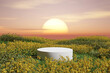Abstact 3d render spring scene and Natural podium background,  White stone podium on the yellow flowers and grass field, backdrop sunset sky and clouds for product display advertising, cosmetic or etc