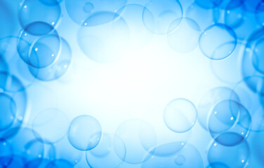 Wall Mural - Beautiful Dark Blue Soap Bubbles Frame Abstract Background. White Center Empty Space. Soap Sud Bubbles Water.