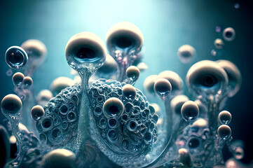 Wall Mural - microscopic macroscopic view of alien eggs and bacterias virus in a liquid atmosphere, reworked and enhanced ai generated science fiction mattepainting