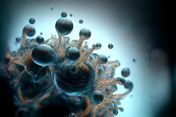 Wall Mural - microscopic macroscopic view of alien eggs and bacterias virus in a liquid atmosphere, reworked and enhanced ai generated science fiction mattepainting