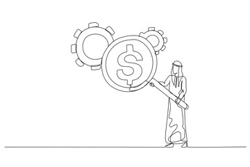 Wall Mural - Cartoon of arab man with magnifier showing dollar money reflection looking at gear cogwheel concept of cost efficient. Single continuous line art