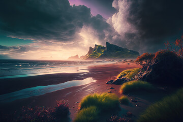 Aufkleber - Sunset on a wild sea beach, coastline and sand. Waves and sea surf on the background of mountains and flowers. Dawn in a cloudy sky. 3d illustration