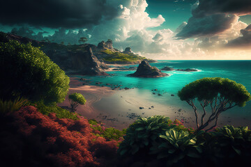 Aufkleber - Sunset on a wild sea beach, coastline and sand. Waves and sea surf on the background of mountains and flowers. Dawn in a cloudy sky. 3d illustration