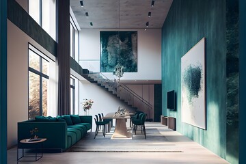 A modern living room, in a minimalist millenium crib, high ceiling and filled with might night green color as the wall blend in with the design of the furniture.	