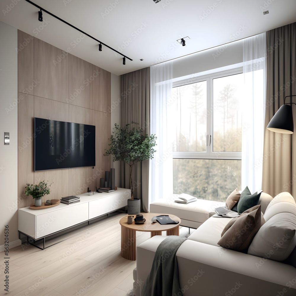 modern rectangular living room, big window in the right side of the ...