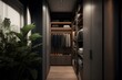 realistic front view of a modern walk-in closet  cabinet in warm blue mate uppers cabinet in wood and shelfs