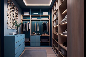 realistic front view of a modern walk-in closet  cabinet in warm blue mate uppers cabinet in wood and shelfs