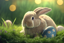 Easter Bunny With Easter Eggs, Chocolate Easter Eggs In Green Field With Bokeh Background, Generative AI