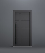 Single Door. Black Steel Front Door Of A House. Single Isolated Entrance Door From Outside. 3d Rendering