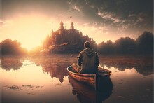 Young Man Sits On A Boat Looking At The Flooded Abandoned City, Digital Art Style, Illustration Painting, Fantasy Concept Of A Young Man On A Boat