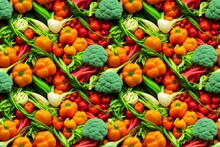 ブロッコリー パプリカ  青果市場 マルシェに並ぶ新鮮な野菜のパターンイラスト Generative AI