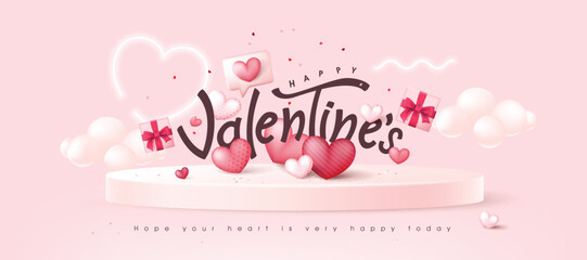 Wall Mural - Valentines day background with Heart Shaped Balloons and text design on podium display