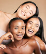 © Jade M/peopleimages.com - Friends, diversity and skincare, women smile together in happy portrait on studio background. Health, wellness and luxury cosmetics for skin care and beautiful multicultural people in natural makeup.