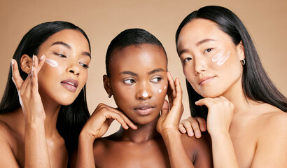 face cream, skincare and women in studio for wellness, grooming and hygiene against brown background