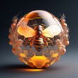 3d intricate hyperrealistic of polished bright chrome honey bee pearl internally lit by bright orange light cinematic in crystal clear sphere