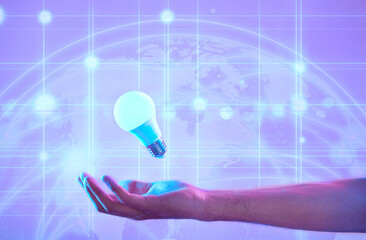 Poster - Lightbulb, hand and idea of future, global networking or ai technology on digital purple background. Energy, electricity and person with creative, neon and futuristic connection, cyber world or globe