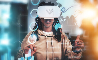 Aufkleber - Virtual reality, pointing or woman with global data for vr elearning, globalization or future education innovation. Knowledge metaverse, chart overlay or black student study with ai augmented reality