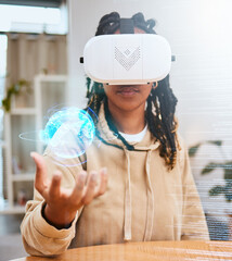 Poster - Virtual reality, vr metaverse or woman with globe hologram, 3d cyber planet or ai augmented reality. Elearning, globalization overlay and black student with earth, world or future learning innovation
