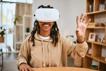 Aufkleber - Virtual reality, vr metaverse and black woman touch cyber ui dashboard, augmented reality or future ai. Digital transformation, futuristic software study or creative student working with ar headset