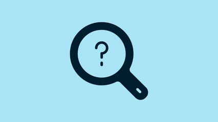 Poster - Blue Unknown search icon isolated on blue background. Magnifying glass and question mark. 4K Video motion graphic animation