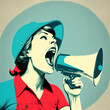 poster, illustration of a woman screaming with megaphone. Generative AI