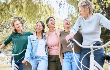 Poster - Happy senior woman, friends and laughing in joyful happiness enjoying fun time together at the park. Group of elderly women bonding and sharing joke, laugh or walking and cycling in the outdoors