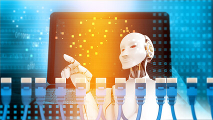 Poster - Ai robot with network cable on technology background. 3d illustration.