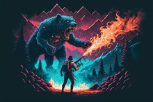 Man With A Flamethrower Fighting With A Demon Bear, Digital Art Style, Illustration Painting, Fantasy Concept Of A Man With Flamethrower In The Battle With Demon Bear