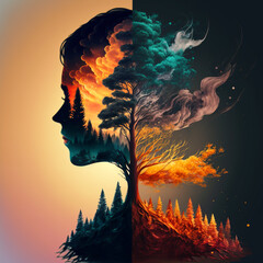 Wall Mural - Scary Fairytale background with tree and girl, double exposure, fantasy art, digital artwork, wallpaper, background, digital painting, illustration.