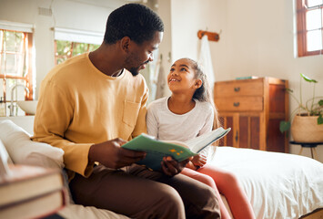 Wall Mural - Black family, dad reading book to child for learning, support and language development, bonding in bedroom. Happy people, father and girl love with creative storytelling, education or home teaching