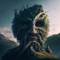 Wall Mural - the head of the a haunted tree man, fantasy digital artwork, wallpaper, background, art, painting, illustration.