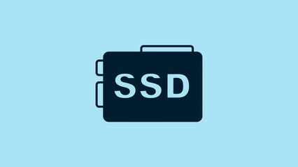 Poster - Blue SSD card icon isolated on blue background. Solid state drive sign. Storage disk symbol. 4K Video motion graphic animation