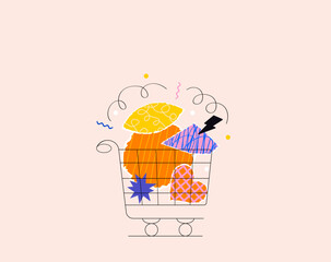 Wall Mural - Shopping cart with abstract shapes and elements on pink background. Vector illustration