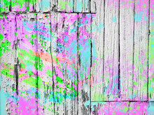 Authentic Old Worn White Peeling Painted Wall Boards With Colorful Splashes Of Bright Paint In Spring Colors Of Pink, Purple, Neon Green, Aqua Blue And Orange. Paint Splatter Textured Background.