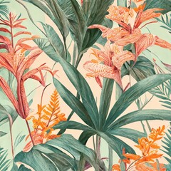 Crocosmia and palm leaves seamless floral pattern, pastel colors. Generated by AI.